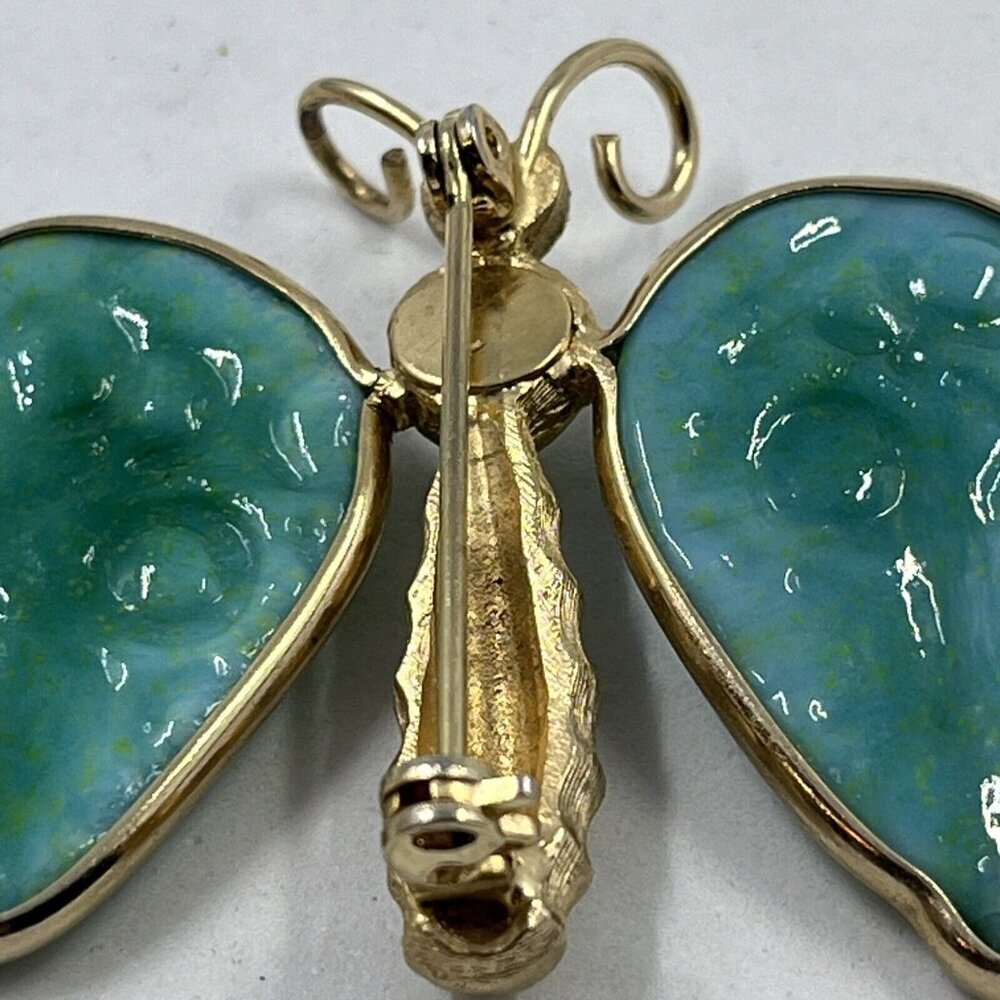 Weiss Brushed Gold-tone Butterfly w Faux Jade Molded Green Glass Wings‎ 1960s - Picture 12 of 12